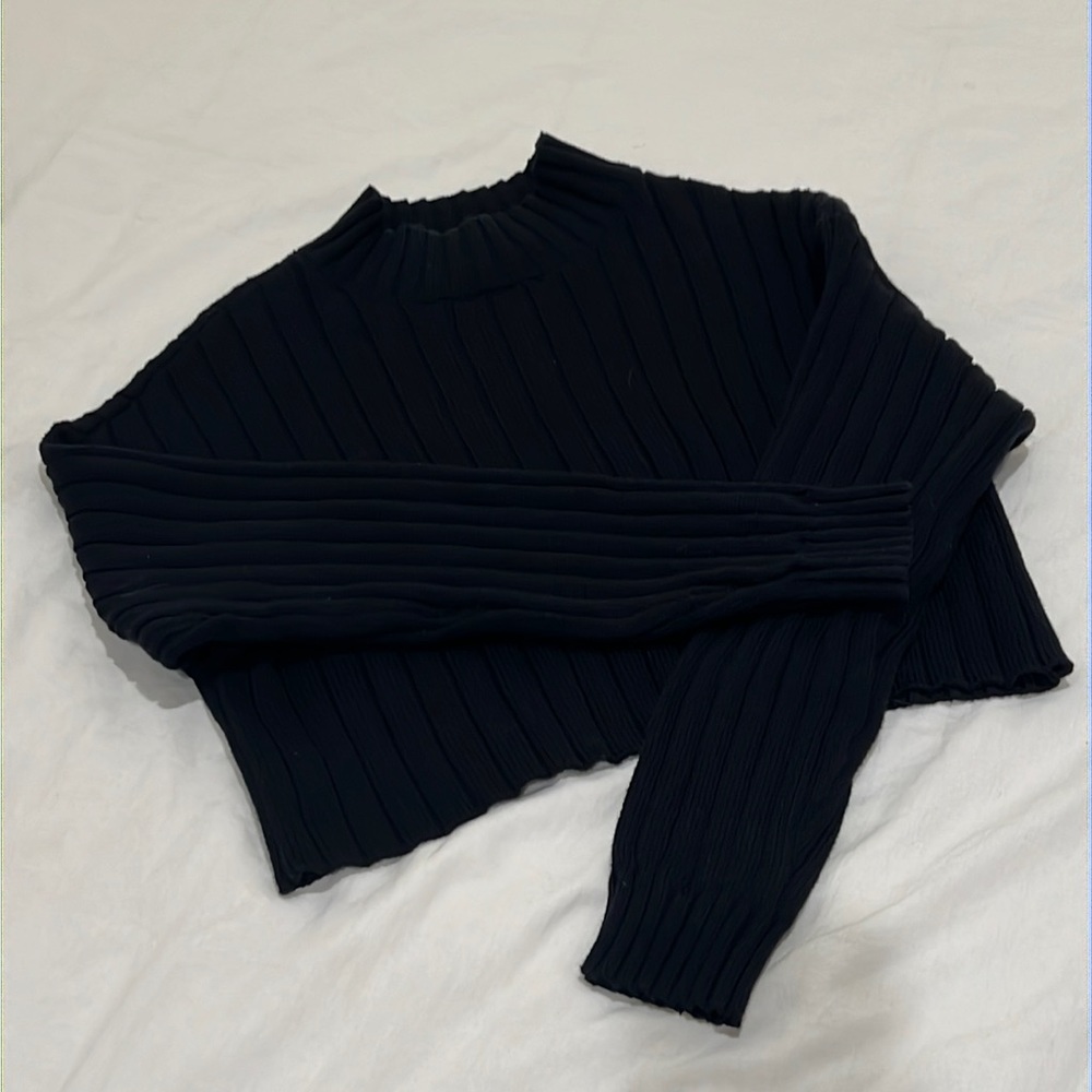 Black Long-Sleeve Cropped Turtleneck Sweater